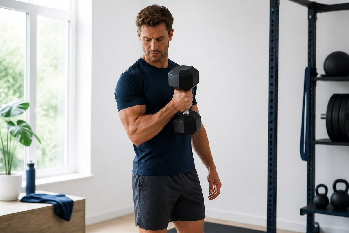 Mand udfører en kontrolleret biceps curl med en sort hexagon-håndvægt i et lyst hjemmegym