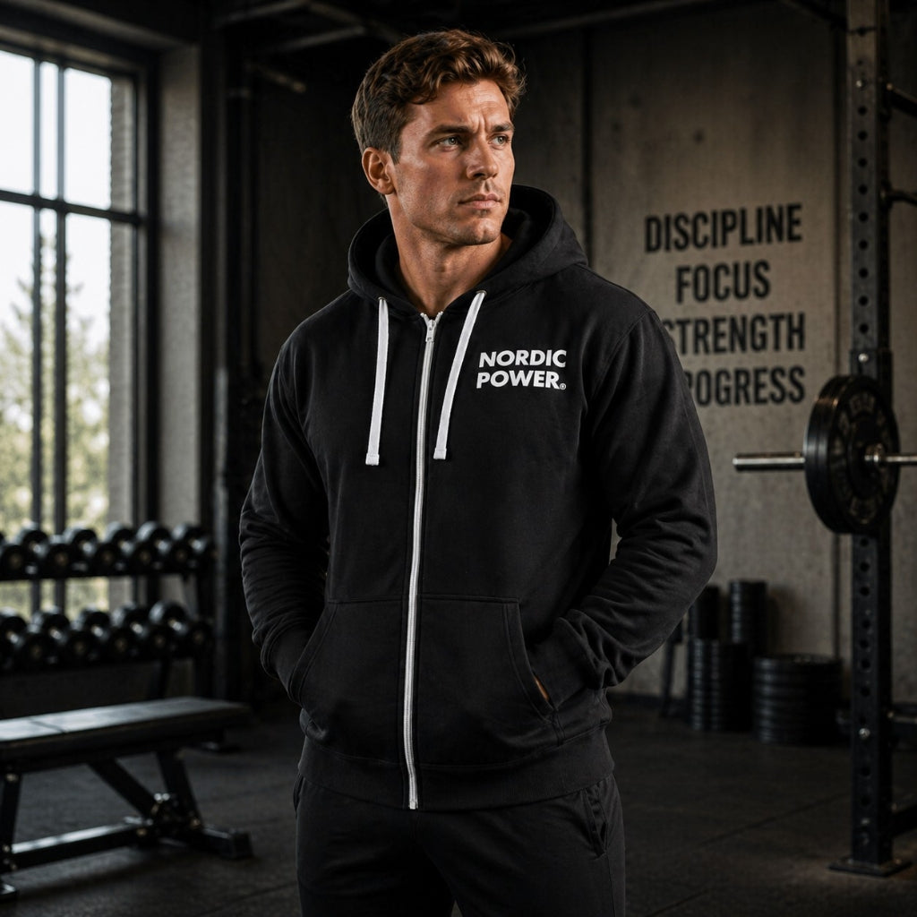 Sort Hoodie, Hættetrøje med lynlås Str. L, sporty fit - NORDIC POWER